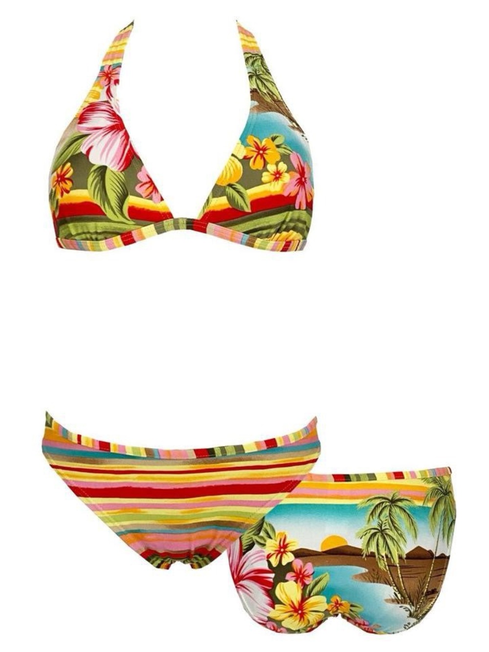 2000s vintage fruity stripe and beach print bikini